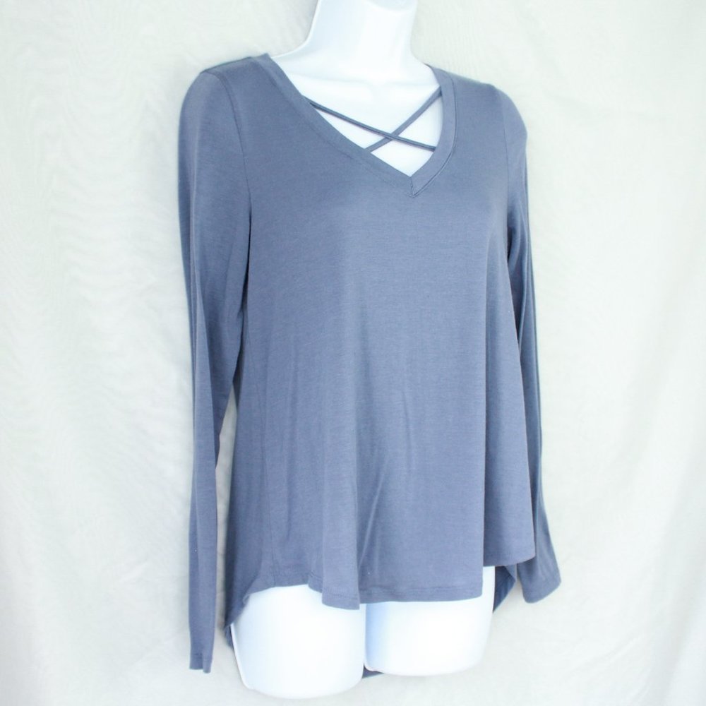 Super SOFT Blue Cross V Neck Long Sleeve Hi-Lo Top
